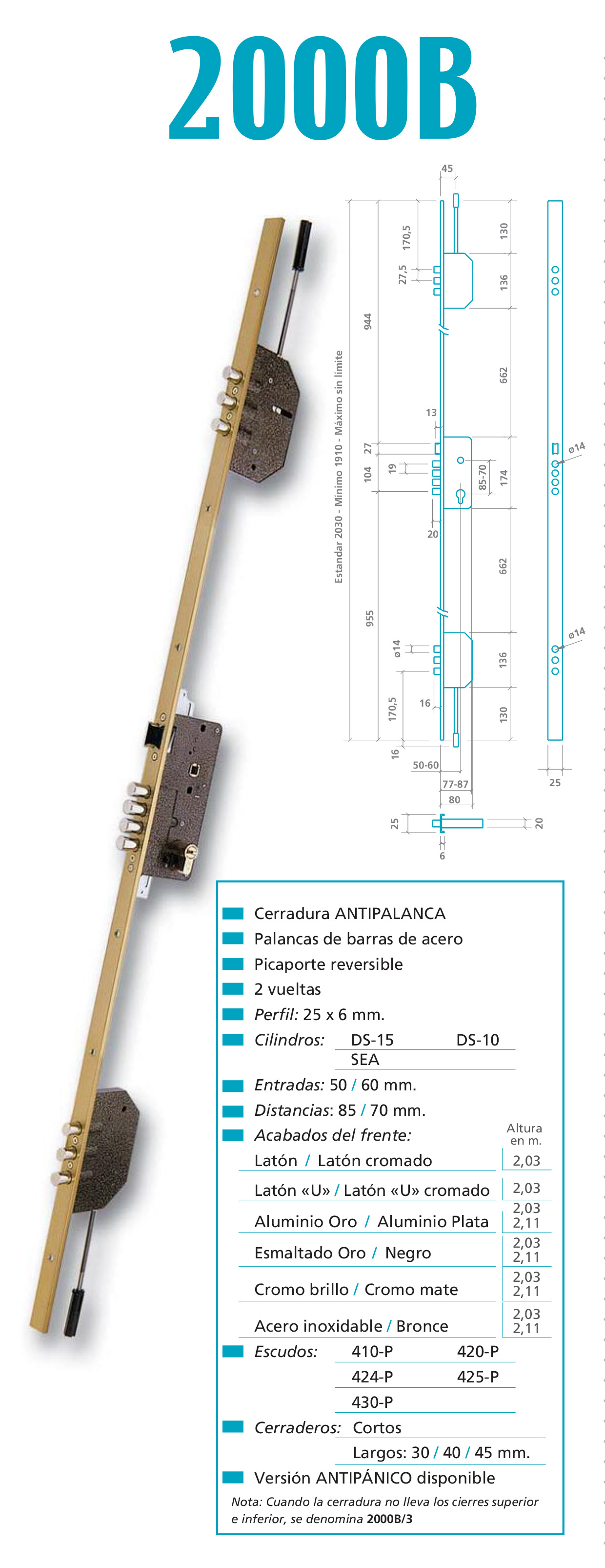 CERRADURA SEGURIDAD EMBUTIR 3 PUNTOS 2000B-3/50-DS15/70D CORTO CROMO MATE 1844255 2