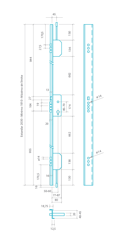 CERRADURA SEGURIDAD EMBUTIR 3 PUNTOS (CONJUNTO) 2000B-3Z/50-DS15/70C-I LARGO 45 ALUM. CROMO MATE 1660393 3