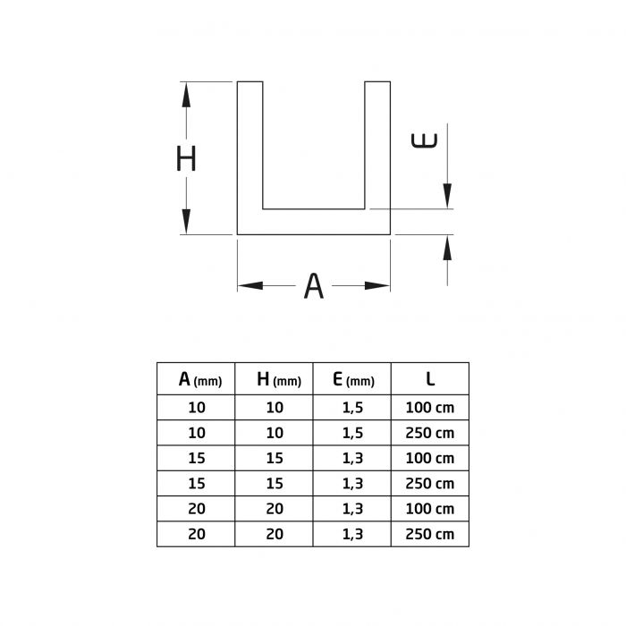 PERFIL U ALUMINIO 20X20-1M.PLATA  20688 2